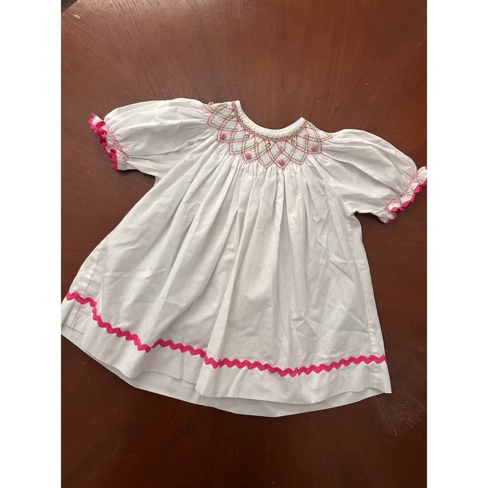 Remember Nguyen Girls White Smocked Bishop Dress Pink Ric Rac Floral Size 4